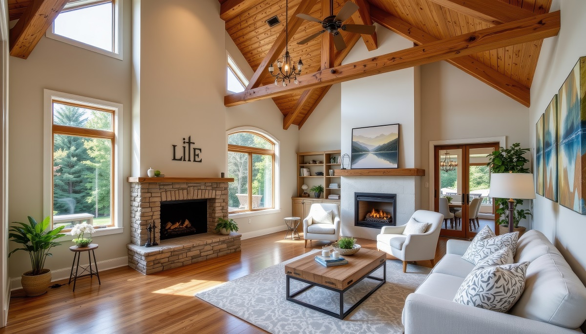 rustic living room with a brick fireplace and wood beams