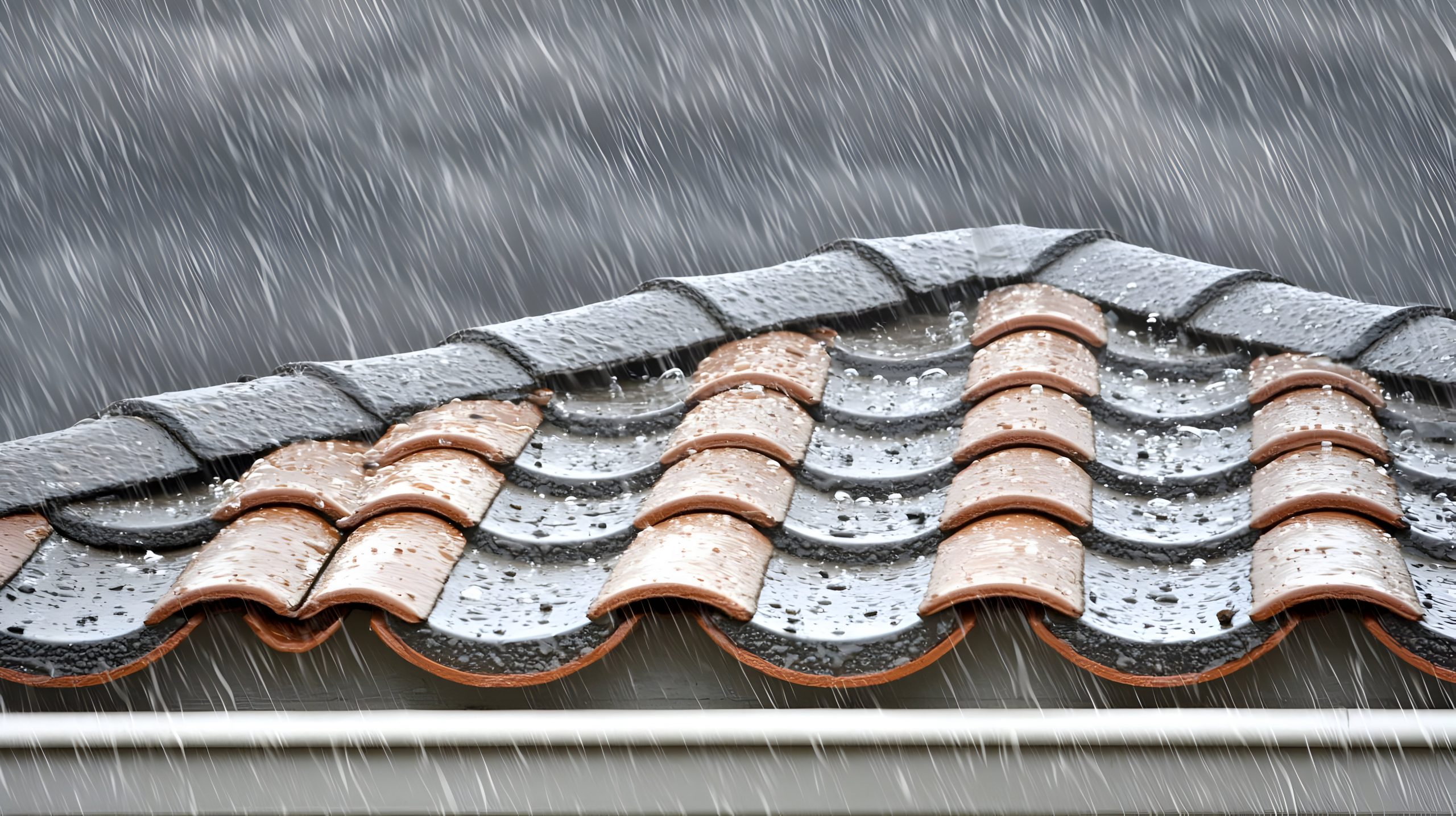 roof under cloudy skies and heavy rain