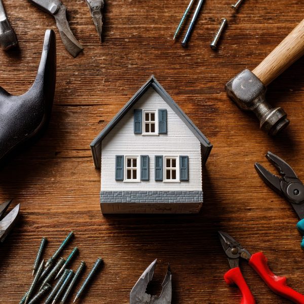 old miniature house surrounded by handyman tools